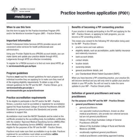 Document preview: Practice Incentives application form (IP001) — Services Australia — Health professionals, Australia (CERFA n°IP001)