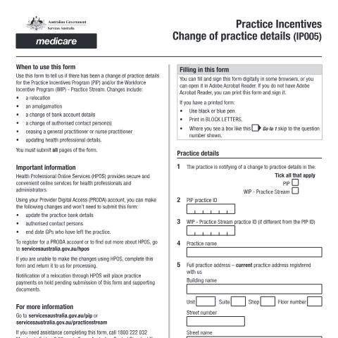 Document preview: Practice Incentives change of practice details form (IP005) — Services Australia — Health professionals, Australia (CERFA n°IP005)