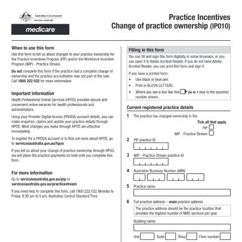 Document preview: Practice Incentives Change of practice ownership form (IP010) — Services Australia — Health professionals, Australia (CERFA n°IP010)