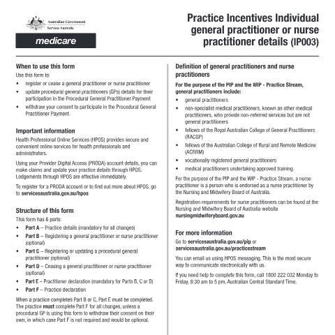 Document preview: Practice Incentives individual general practitioner or nurse practitioner details form (IP003) — Services Australia — Health professionals, Australia (CERFA n°IP003)