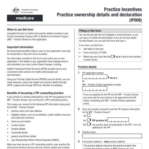 Document preview: Practice Incentives practice ownership details and declaration form (IP008) — Services Australia — Health professionals, Australia (CERFA n°IP008)