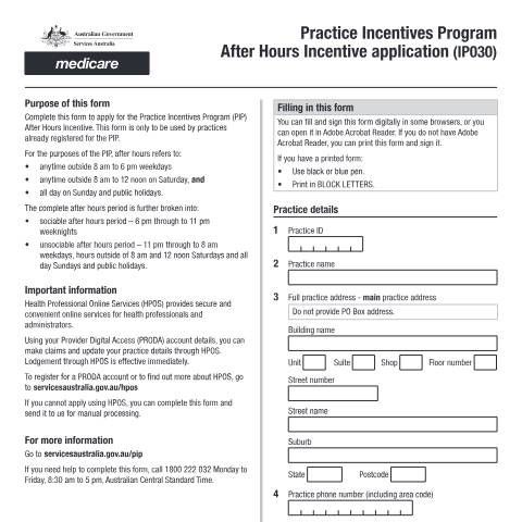 Document preview: Practice Incentives Program After Hours Incentive application form (IP030) — Services Australia — Health professionals, Australia (CERFA n°IP030)