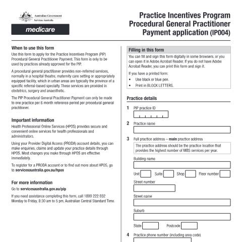 Document preview: Practice Incentives Program Procedural General Practitioner Payment application form (IP004) — Services Australia — Health professionals, Australia (CERFA n°IP004)