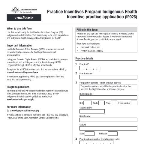 Document preview: Practice Incentives Program Indigenous Health Incentive practice application form (IP026) — Services Australia — Health professionals, Australia (CERFA n°IP026)