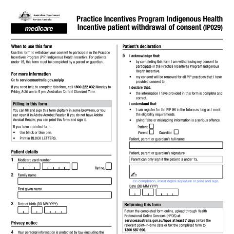 Document preview: Practice Incentives Program Indigenous Health Incentive patient withdrawal of consent form (IP029) — Services Australia — Health professionals, Australia (CERFA n°IP029)