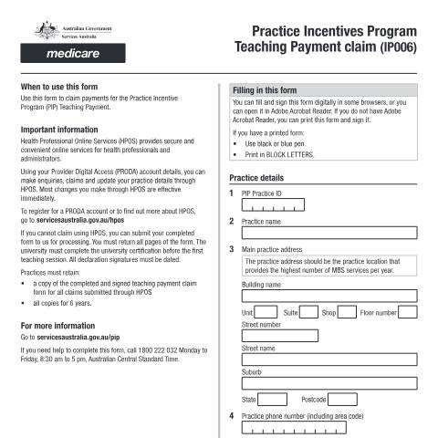 Document preview: Practice Incentives Program Teaching Payment claim form (IP006) — Services Australia — Health professionals, Australia (CERFA n°IP006)