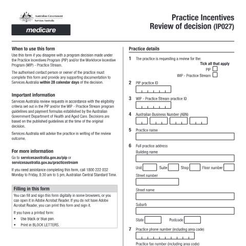 Document preview: Practice Incentives review of decision form (IP027) — Services Australia — Health professionals, Australia (CERFA n°IP027)