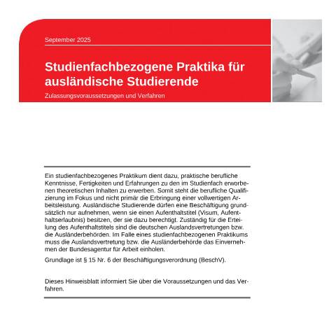 Dokumentvorschau: dok_ba036105 — Öffnet in neuem Tab Studienfachbezogene Praktika für ausländische Studierende Zulassungsvoraussetzungen und Verfahren pdf | 177.34 KB | barrierefrei — Familienkasse/dok, Deutschland (CERFA n°dok_ba036105)