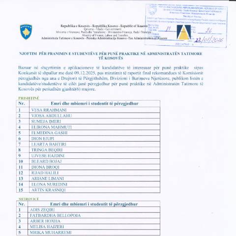 Document preview: Njoftim për pranimin e studentëve për punë praktike në Administratën Tatimore të Kosovës — Employment, Kosovë