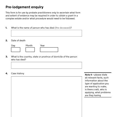 Document preview: Pre-lodgement enquiry for probate practitioners dealing with complex estates: Form PA18 — HM Courts & Tribunals Service, United Kingdom