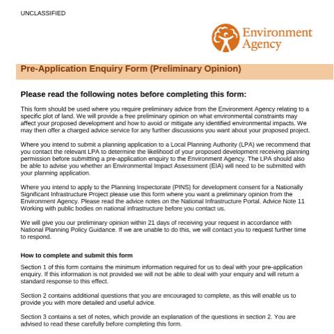 Document preview: Pre-planning application enquiry form (preliminary opinion) — Environment Agency, United Kingdom