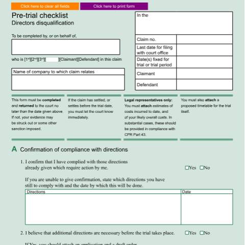 Document preview: Pre-trial checklist for directors disqualification proceedings: Form N504 — HM Courts & Tribunals Service, United Kingdom