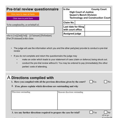 Document preview: Form TCC / PTR1: Pre-trial review questionnaire — HM Courts & Tribunals Service, United Kingdom