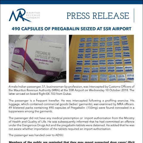 Document preview: 490 capsules of Pregabalin seized at SSR airport (11.10.18) — Document, Mauritius (CERFA n°PressRelease111018)