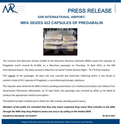 Document preview: SSR International Airport: MRA seizes 412 capsules of Pregabalin (28.04.22) — Document, Mauritius (CERFA n°PressRelease280422)