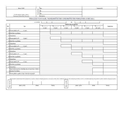 Document preview: PREGLED NASTALIH, NEISKORIŠTENIH I ISKORIŠTENIH POREZNIH GUBITAKA — Obrazac | Pravno lice | Porez na dobit, Bosna i Hercegovina (CERFA n°PG-809)