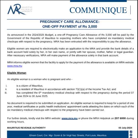Document preview: Pregnancy Care Allowance : One-off Payment of Rs 3,000 (03.07.24) — Document, Mauritius (CERFA n°PregnancyCareAllowance030724)