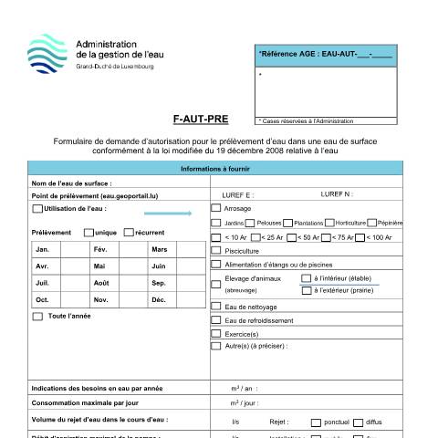 Aperçu du document Prélèvement d'eau dans un cours d'eau — Eau, Luxembourg (CERFA n°09-f-aut-pre)