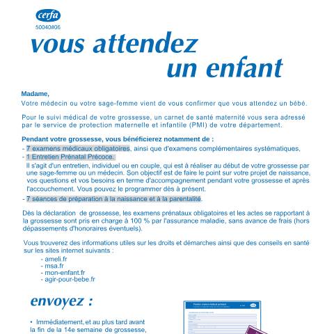 Aperçu du document Premier examen médical prénatal - Spécimen — Particuliers, France (CERFA n°10112*06)