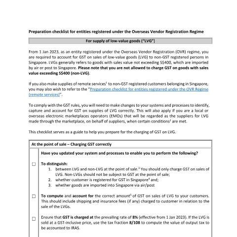 Document preview: Preparation checklist for entities registered under the Overseas Vendor Registration Regime (For supply of low-value goods) — IRAS / Self Review, Singapore (CERFA n°3.-PREPARATION-CHECKLIST-FOR-OVR-VENDORS-(LOW-VALUE-GOODS))
