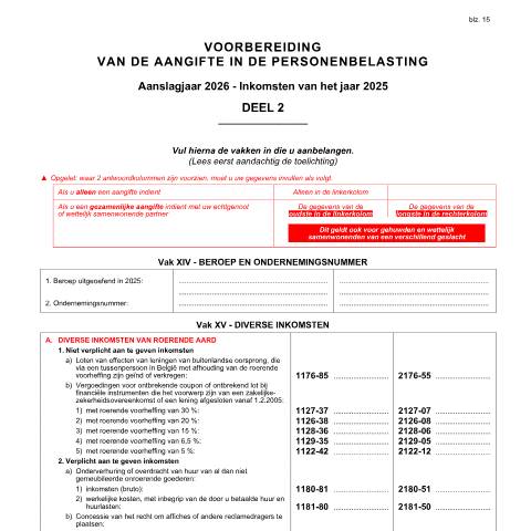 Aperçu du document Voorbereiding aangifte - deel 2 — Voorbereidend document (van de papieren aangifte), Belgique (CERFA n°voorbereiding-deel-2-2026)
