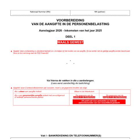 Aperçu du document Voorbereiding aangifte - deel 1 - Waals Gewest — Voorbereidend document (van de papieren aangifte), Belgique (CERFA n°voorbereiding-deel-1-wg-2026)