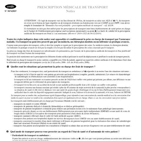 Aperçu du document Prescription médicale de transport — Particuliers, France (CERFA n°11574*07)
