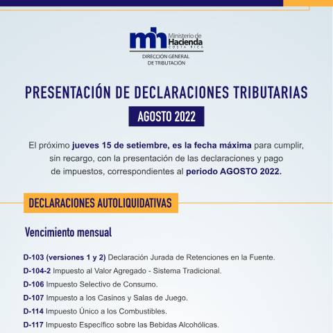 Vista previa del documento Presentacion Declaraciones Tributarias Agosto 2022 — Declaración / Modelo tributario, Costa Rica (CERFA n°PresentacionDeclaracionesTributariasAgosto2022)