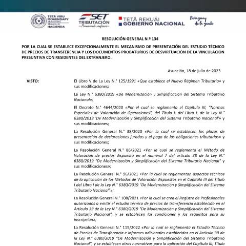Vista previa del documento RG N° 134 PRESENTACIÓN DEL ESTUDIO TÉCNICO DE PRECIOS DE TRANSFERENCIA Y LOS DOCUMENTOS PROBATORIOS DE DESVIRTUACIÓN DE LA VINCULACIÓN PRESUNTIVA CON RESIDENTES DEL EXTRANJERO-1 — Ire / IVA, Paraguay