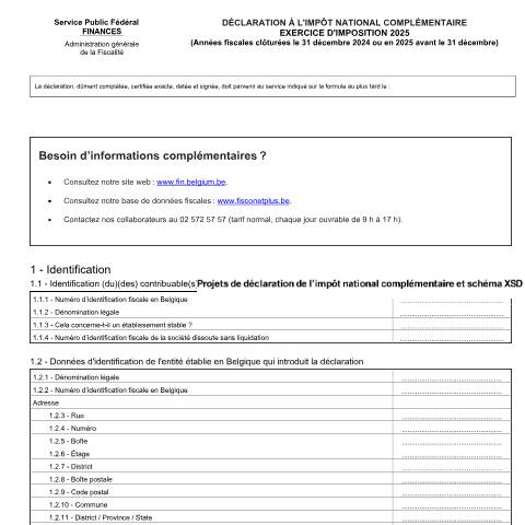 Aperçu du document P2-QDMTT exercice d'imposition 2025 (PDF, 283.71 Ko) — 06.01.2026 - Projets de déclaration de l’impôt national complémentaire et schéma XSD disponibles, Belgique (CERFA n°169-pillar-2-qdmtt-fr-ex-2025)