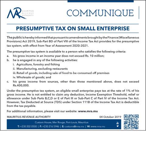 Document preview: Presumptive Tax on small enterprise (04.10.19) — Document, Mauritius (CERFA n°PresumptiveTax041019)