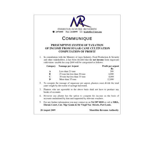 Document preview: Presumptive System of Taxation of Income from Sugar Cane Cultivation (28.08.2009) — Notice / Circular, Mauritius (CERFA n°CommuniqueSugarCane)