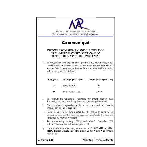Document preview: Presumptive System of Taxation from Sugarcane Cultivation July2009 to December2009 (23.03.2010) — Notice / Circular, Mauritius (CERFA n°Communique2010sugarcane)