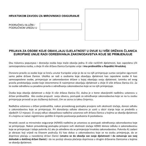 Document preview: PRIJAVA A1 — Mirovinsko (pension), Hrvatska (CERFA n°PRIJAVA_A1)
