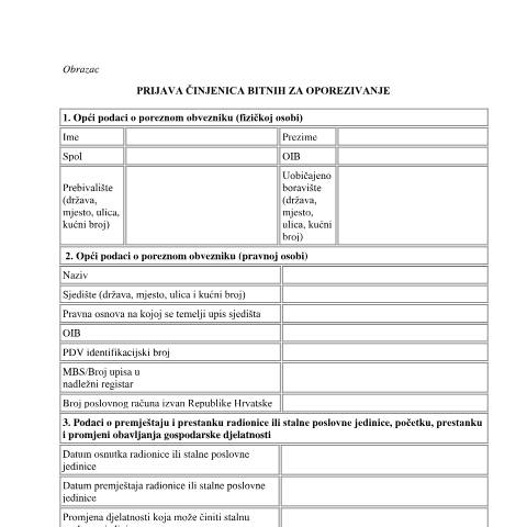 Document preview: Prijava činjenica bitnih za oporezivanje — Porezna uprava (fisc), Hrvatska (CERFA n°Prijava činjenica bitnih za oporezivanje)