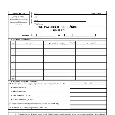 Document preview: PRIJAVA DOBITI POSLOVNE JEDINICE U RS ILI BD — Obrazac | Pravno lice | Porez na dobit, Bosna i Hercegovina (CERFA n°PE-806)