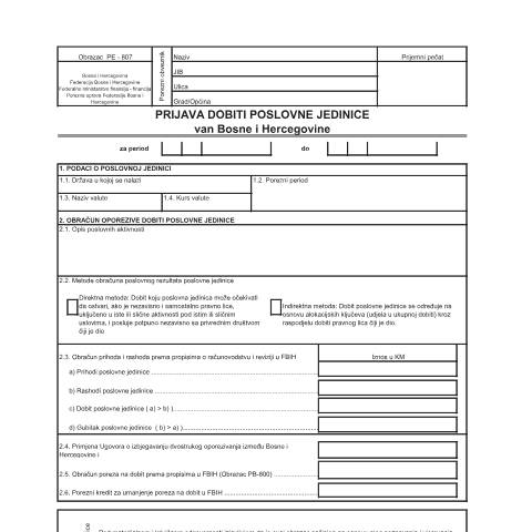 Document preview: PRIJAVA DOBITI POSLOVNE JEDINICE VAN BOSNE I HERCEGOVINE — Obrazac | Pravno lice | Porez na dobit, Bosna i Hercegovina (CERFA n°PE-807)