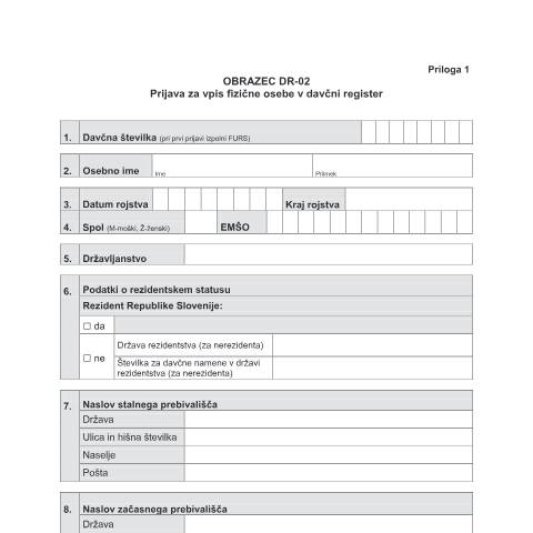 Document preview: Prijava za vpis fizične osebe v davčni register — Prijava, Slovenija (CERFA n°DR-02)