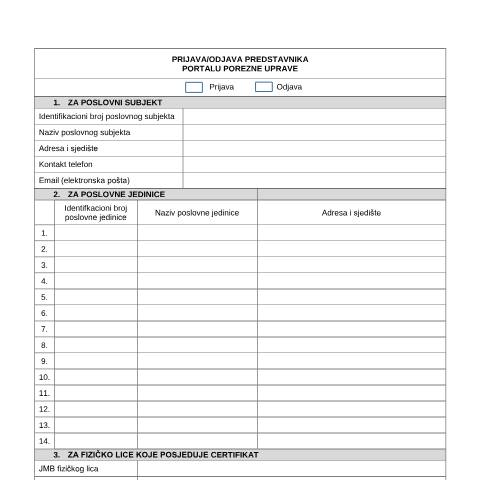 Document preview: OBRAZAC “PRIJAVA/ODJAVA PREDSTAVNIKA PORTALU POREZNE UPRAVE”- — Obrazac | Pravno lice | Igre na sreću, Bosna i Hercegovina (CERFA n°OPO PPU)