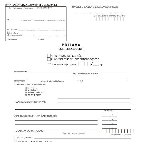 Document preview: Prijava Ozljede Bolesti-1 — Zdravstveno (sante), Hrvatska (CERFA n°Prijava_Ozljede_Bolesti-1)