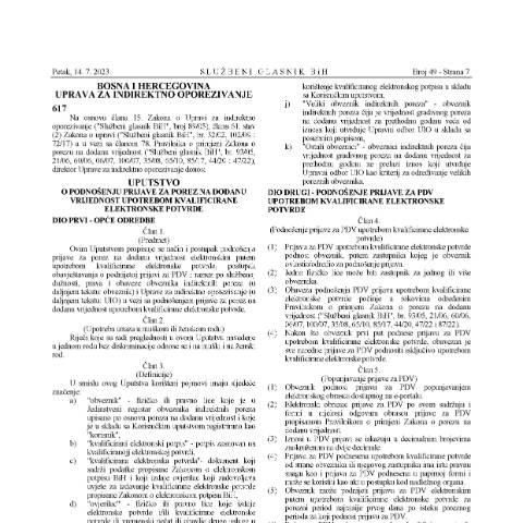 Document preview: B 19 U o podnosenju prijave za PDV upotreb kvalifik el potvrd 07 07 2023 — UINO e-PDV, Bosna i Hercegovina