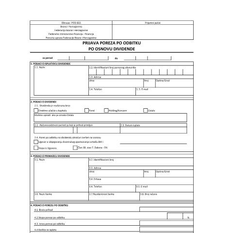 Document preview: PRIJAVA POREZA PO ODBITKU PO OSNOVU DIVIDENDE — Obrazac | Pravno lice | Porez na dobit, Bosna i Hercegovina (CERFA n°POD-815)