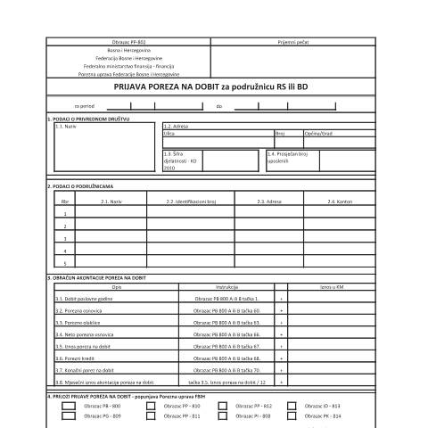 Document preview: PRIJAVA POREZA NA DOBIT ZA POSLOVNE JEDINICE RS ILI BD — Obrazac | Pravno lice | Porez na dobit, Bosna i Hercegovina (CERFA n°PP-802)