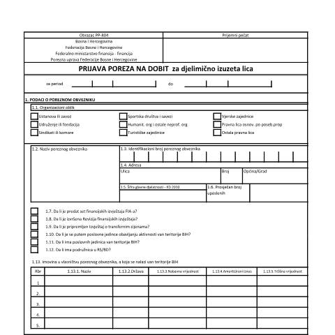 Document preview: PRIJAVA POREZA NA DOBIT ZA DJELIMIČNO IZUZETA LICA — Obrazac | Pravno lice | Porez na dobit, Bosna i Hercegovina (CERFA n°PP-804)