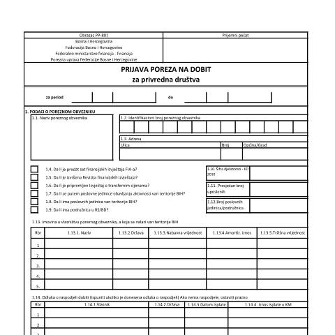 Document preview: PRIJAVA POREZA NA DOBIT ZA PRIVREDNA DRUŠTVA — Obrazac | Pravno lice | Porez na dobit, Bosna i Hercegovina (CERFA n°PP-801)