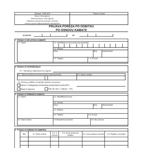 Document preview: PRIJAVA POREZA PO ODBITKU PO OSNOVU KAMATE — Obrazac | Pravno lice | Porez na dobit, Bosna i Hercegovina (CERFA n°POD-816)