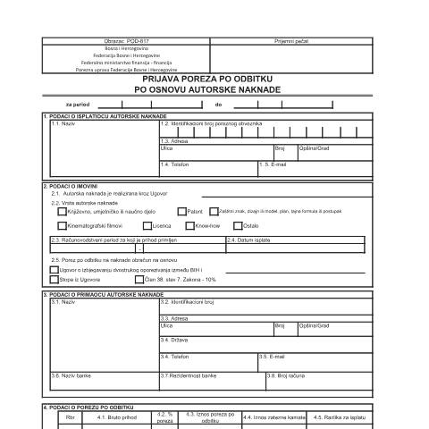 Document preview: PRIJAVA POREZA PO ODBITKU PO OSNOVU AUTORSKE NAKNADE — Obrazac | Pravno lice | Porez na dobit, Bosna i Hercegovina (CERFA n°POD-817)