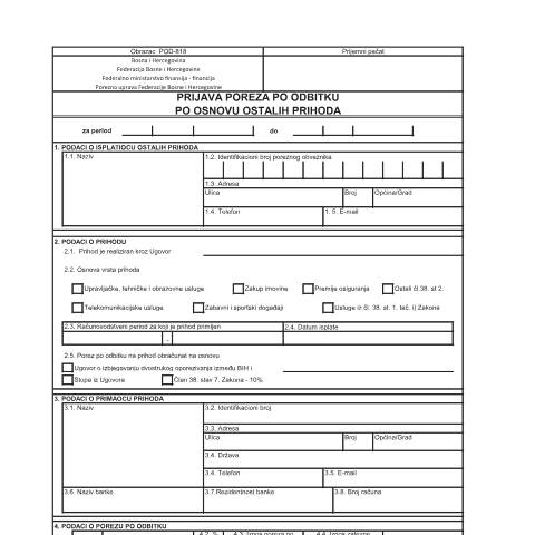 Document preview: PRIJAVA POREZA PO ODBITKU PO OSNOVU OSTALIH PRIHODA — Obrazac | Pravno lice | Porez na dobit, Bosna i Hercegovina (CERFA n°POD-818)