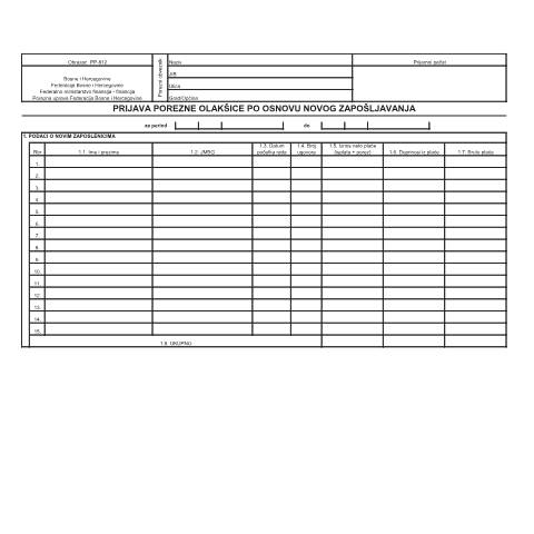 Document preview: PRIJAVA POREZNE OLAKŠICE PO OSNOVU NOVOG ZAPOŠLJAVANJA — Obrazac | Pravno lice | Porez na dobit, Bosna i Hercegovina (CERFA n°PP-812)
