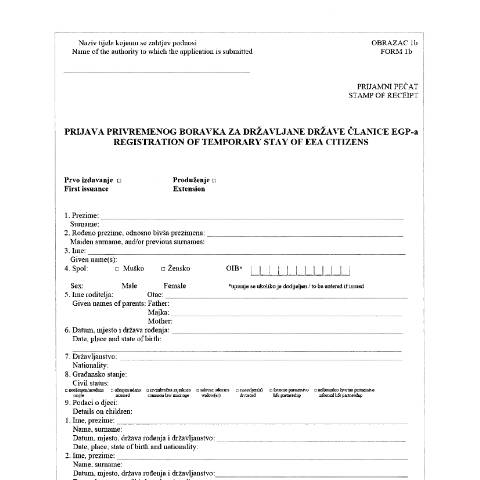 Document preview: OBRAZAC 1B-Prijava privremenog boravka za državljane države članice EGP-a — MUP (interieur), Hrvatska (CERFA n°OBRAZAC 1B)